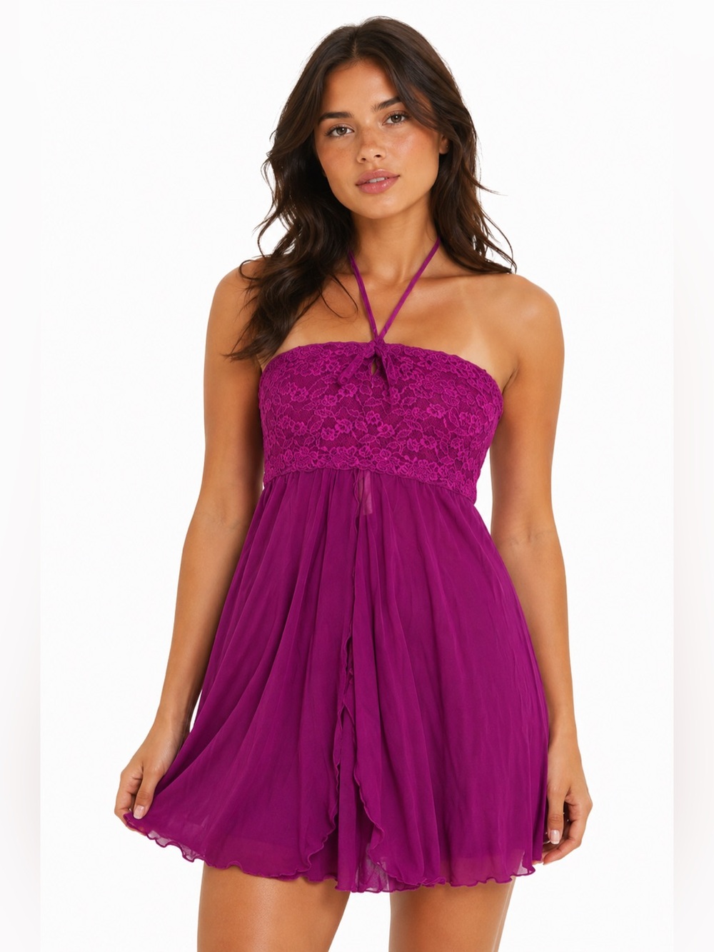 90s/Y2K European Vintage Lace/Mesh Halter Sheer Open Front Mini Slip (Magenta) M